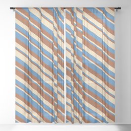 [ Thumbnail: Tan, Blue & Sienna Colored Stripes/Lines Pattern Sheer Curtain ]