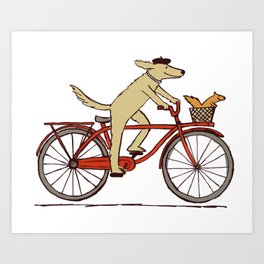 Cycling Dog with Squirrel Friend Art Print