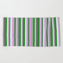 [ Thumbnail: Vibrant Forest Green, Dim Grey, Dark Sea Green, Plum, and Lavender Colored Lined/Striped Pattern Beach Towel ]