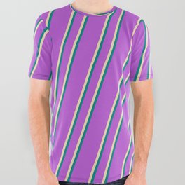 [ Thumbnail: Orchid, Tan & Teal Colored Stripes/Lines Pattern All Over Graphic Tee ]
