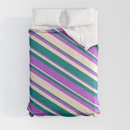 [ Thumbnail: Orchid, Beige & Teal Colored Lines Pattern Comforter ]