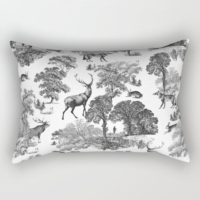 Elegant Vintage Black White Deer Fox Hare Country Toile  Rectangular Pillow