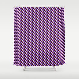[ Thumbnail: Vibrant Dark Violet, Lavender, Midnight Blue, Light Salmon, and Black Colored Stripes Pattern Shower Curtain ]