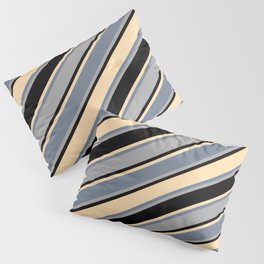 [ Thumbnail: Slate Gray, Dark Grey, Black, and Tan Colored Pattern of Stripes Pillow Sham ]