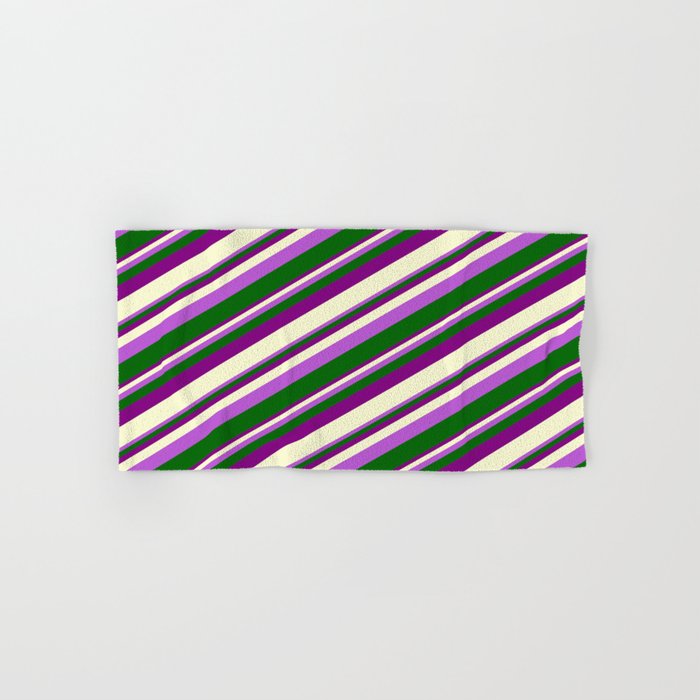Orchid, Dark Green, Purple, and Light Yellow Colored Stripes Pattern Hand & Bath Towel