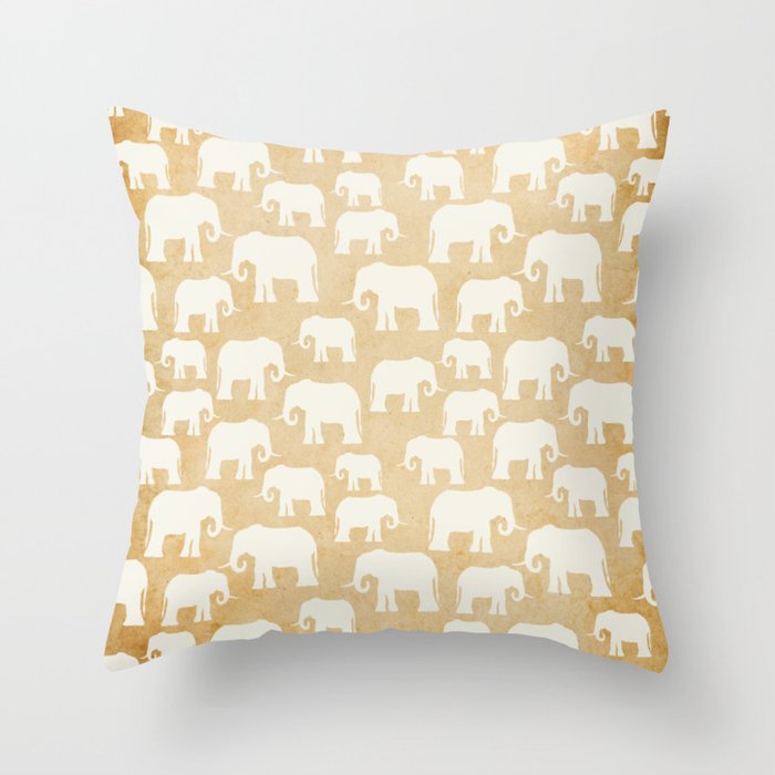 Ivory White Elephant Silhouette Pattern on Vintage Throw Pillow by