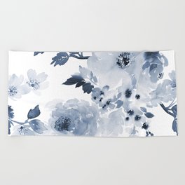 Floral Kingdom Watercolor Navy Blue Painting Of Flowers Peony Beach Towel