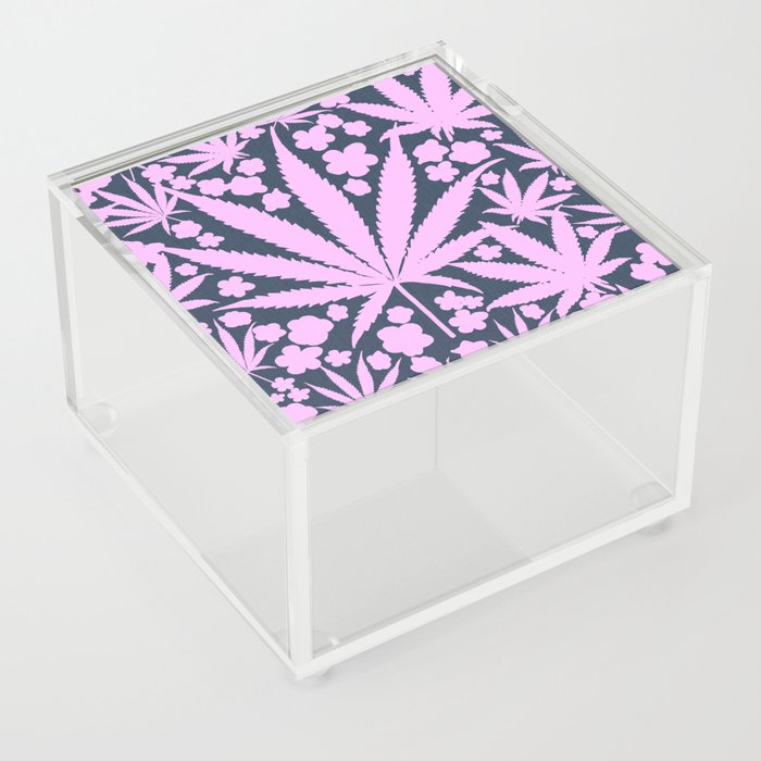 Modern Retro Cannabis Leaves And Flowers Pink On Navy Blue Botanical Wallpaper Indie Floral Pattern Acrylic Box