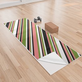 [ Thumbnail: Green, Light Coral, Black & White Colored Lined/Striped Pattern Yoga Towel ]