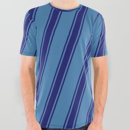 [ Thumbnail: Blue and Midnight Blue Colored Stripes Pattern All Over Graphic Tee ]