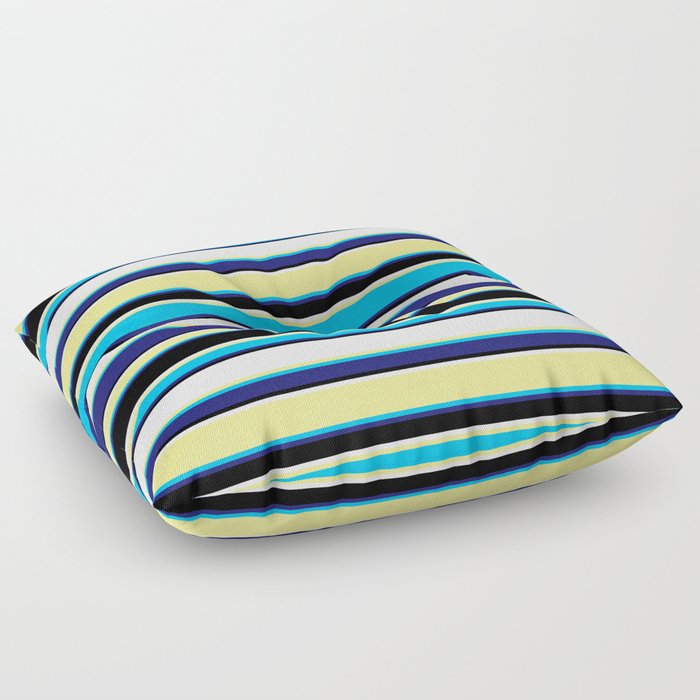 Tan, Deep Sky Blue, Midnight Blue, Black & White Colored Lines Pattern Floor Pillow