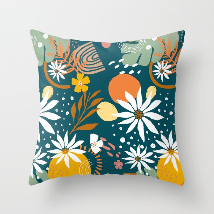 Camomile and monstera emerald green floral pattern Throw Pillow