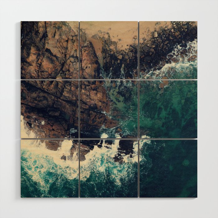 Crashing Waves - Aerial Ocean - Cliff - Beach - Sea Travel photography Wood Wall Art