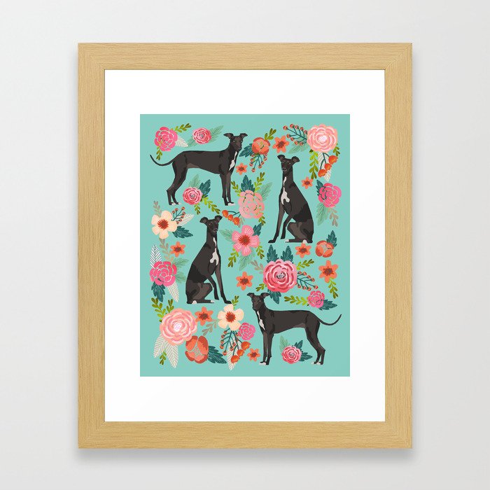 Italian Greyhound pet portraits by pet friendly dog with florals pattern Framed Art Print