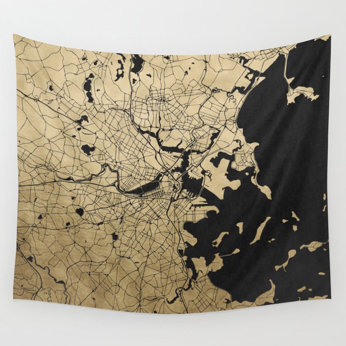 Boston Black and Gold Map Wall Tapestry