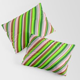 [ Thumbnail: Vibrant Dark Grey, Pink, Brown, Green & Dark Green Colored Lined Pattern Pillow Sham ]