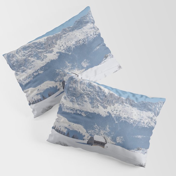 Winter landscape with an old house and Bucegi mountains in the background Pillow Sham