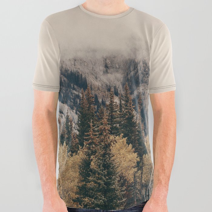 Banff national park foggy mountains and forest in Canada All Over Graphic Tee