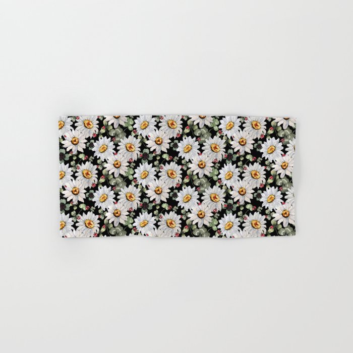 Nature pattern with Daisies, clovers and ladybugs on a black background Hand & Bath Towel