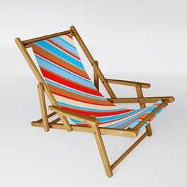 [ Thumbnail: Vibrant Deep Sky Blue, Light Sky Blue, Chocolate, Red & Bisque Colored Striped/Lined Pattern Sling Chair ]