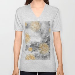 CHERRY BLOSSOMS AND YELLOW ROSES GRAY and WHITE V Neck T Shirt