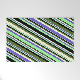 [ Thumbnail: Eye-catching Green, Black, Dark Olive Green, Light Yellow, and Slate Blue Colored Stripes Pattern Welcome Mat ]