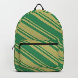 [ Thumbnail: Dark Khaki & Sea Green Colored Striped Pattern Backpack ]