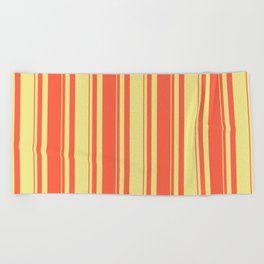 [ Thumbnail: Tan and Red Colored Stripes/Lines Pattern Beach Towel ]