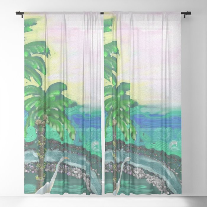 Tropical Ocean View with Egret Sheer Curtain