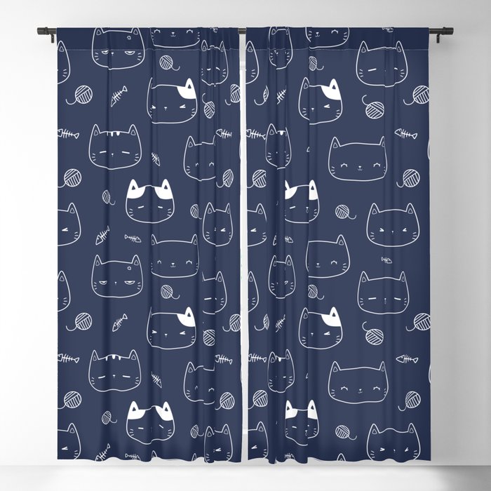 Navy Blue and White Doodle Kitten Faces Pattern Blackout Curtain