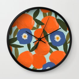 Clementine Orange Blue Flowers Pattern Leaves Wall Clock
