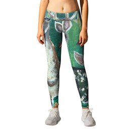 stag and his familly Leggings | Walkinforest, Faon, Yellowandgreen, Green, Productart, Biche, Cerf, Hind, Painting, Productfromartist 