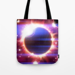 An outer space background with an eclipse, planets and stars.  Tote Bag