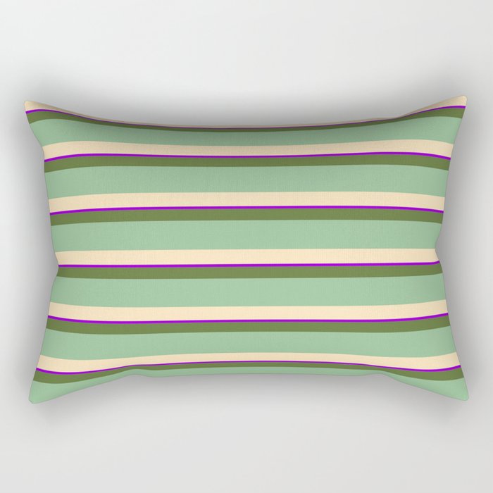 Dark Olive Green, Dark Sea Green, Beige & Dark Violet Colored Lined/Striped Pattern Rectangular Pillow