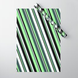 [ Thumbnail: Dark Slate Gray, Green, Black & Mint Cream Colored Stripes/Lines Pattern Wrapping Paper ]