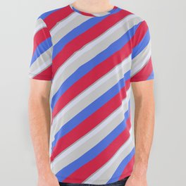 [ Thumbnail: Colorful Dark Gray, Lavender, Light Grey, Royal Blue, and Crimson Colored Stripes/Lines Pattern All Over Graphic Tee ]
