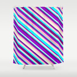 [ Thumbnail: Dark Violet, Light Pink, Beige, Cyan, and Purple Colored Lines Pattern Shower Curtain ]