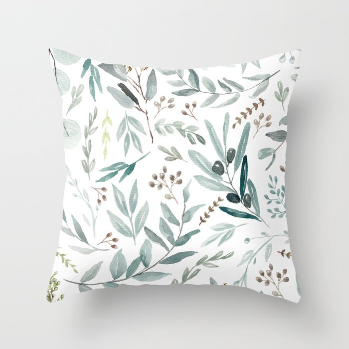 Botanical Eucalyptus Leaves Pattern Throw Pillow by Anis