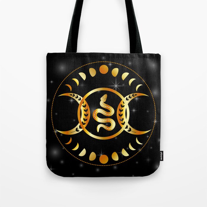 Mystic snake gold mandala with triple goddess and moon phases Tote Bag