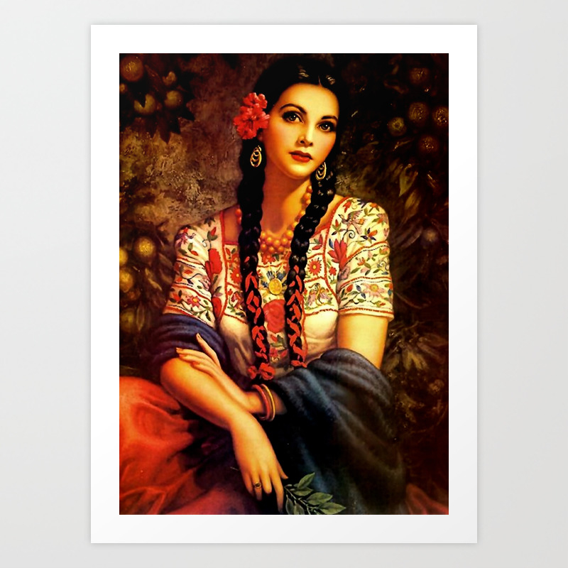 Jesus Helguera Painting Of A Mexican Calendar Girl With Braids Art