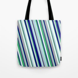 [ Thumbnail: Eye-catching Powder Blue, Dark Gray, Blue, Sea Green & Mint Cream Colored Striped Pattern Tote Bag ]
