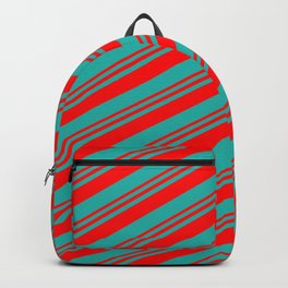 [ Thumbnail: Red and Light Sea Green Colored Stripes/Lines Pattern Backpack ]