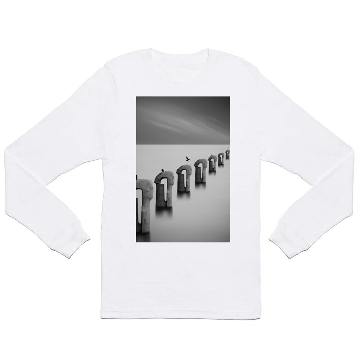 The fog on the sea with sculptures architectural marine black and white photograph - photography - photographs Long Sleeve T Shirt