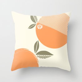 Minimalist Geometric Citric Art : Striped and Solid Oranges with Pastel Green leaves and white flowers Throw Pillow