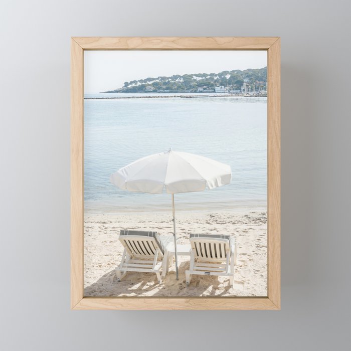 White Beach Umbrella Print, French Riviera Print, Fine Art Beach Photography, Antibes France, Cote Dazur Provence Print, Sun Lounger Beach Art Framed Mini Art Print