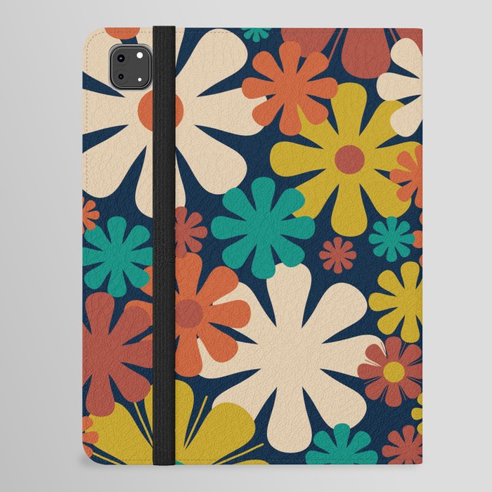 Retro Flowers 60s 70s Aesthetic Floral Pattern in Midcentury Orange Blue Mustard Teal Beige iPad Folio Case