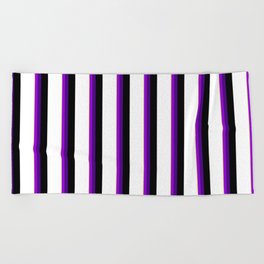 [ Thumbnail: Vibrant Tan, Dark Violet, Indigo, Black, and White Colored Pattern of Stripes Beach Towel ]