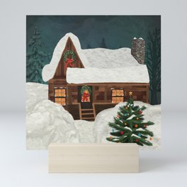 Cozy Christmas Winter Log Cabin in the Snow at Night  Mini Art Print