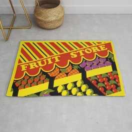 Vintage colorful corner city fruit store bodega with melons, bananas, apples, pears, cherries, and blueberries advertising poster Rug