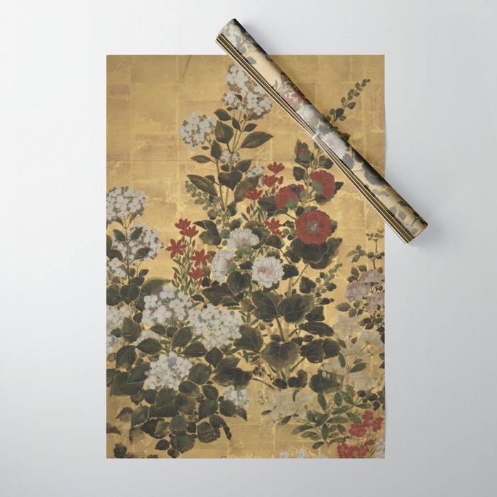 Flowers & Grapes Vintage Japanese Floral Gold Leaf Screen Wrapping Paper